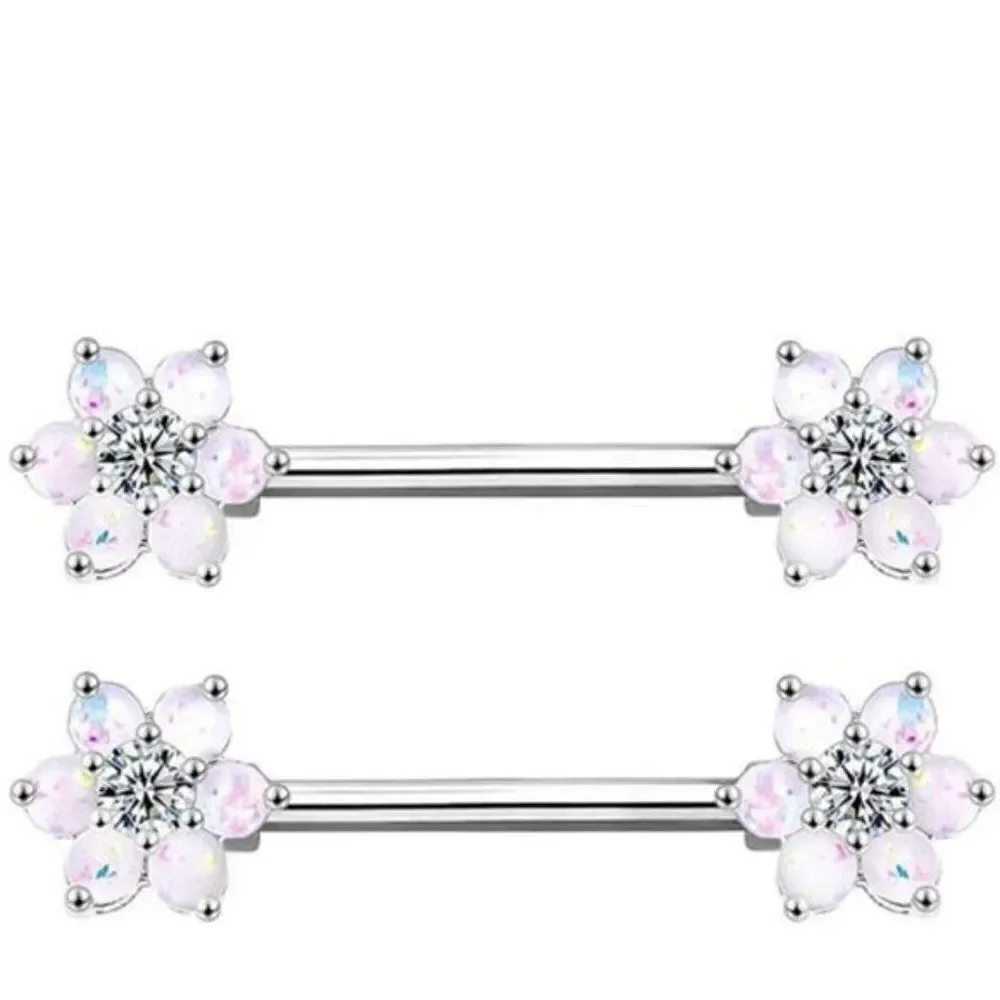 14G 316L Opal Flower and Heart Cubic Zirconia Nipple Rings - 2 Sets